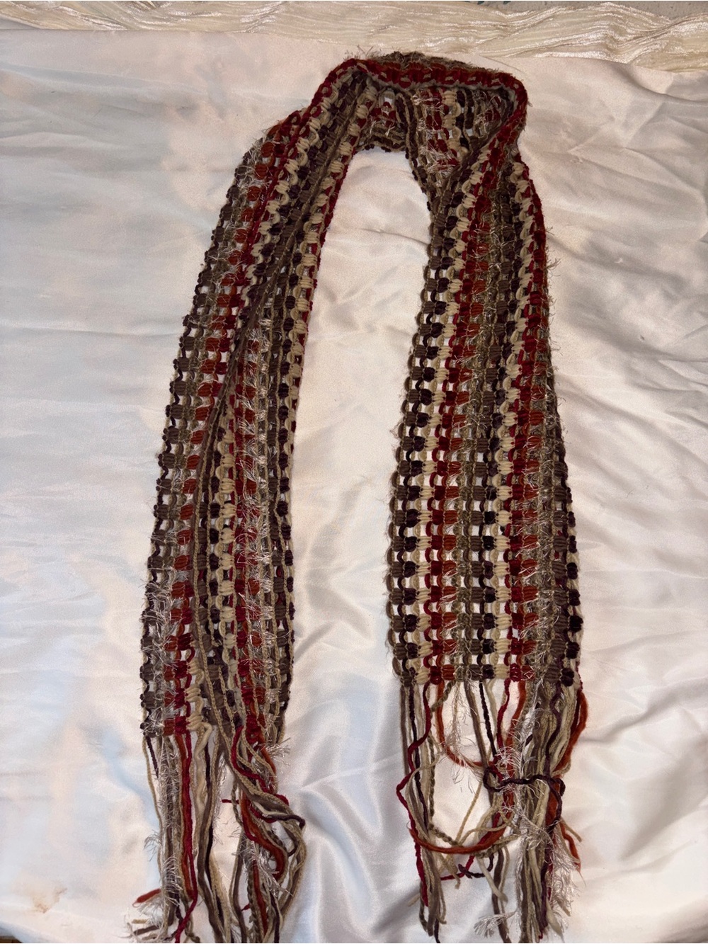 Knit Open-Weave Stripe Scarf in Red, Brown & Cream